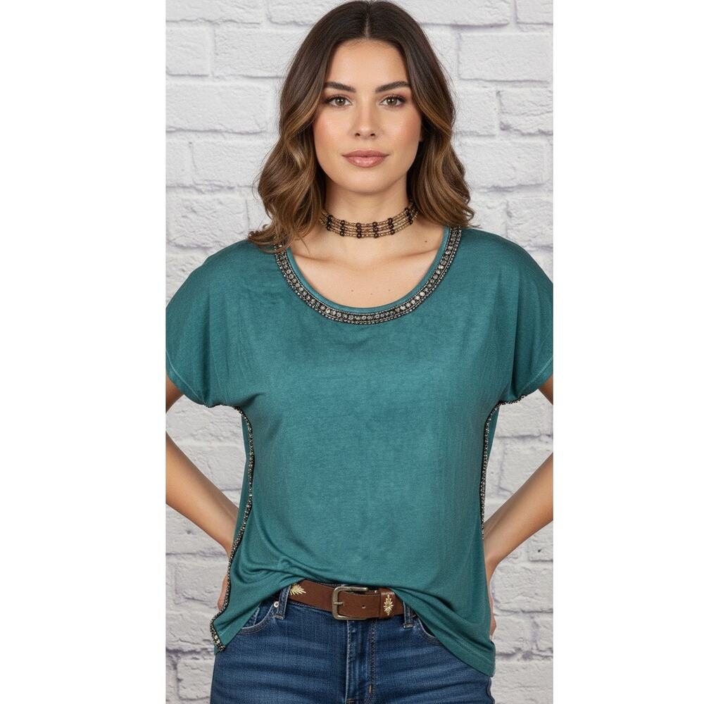 Max Jeans Blue McBling Y2K Trashy 2000's Style Embellished Short Sleeve T-Shirt